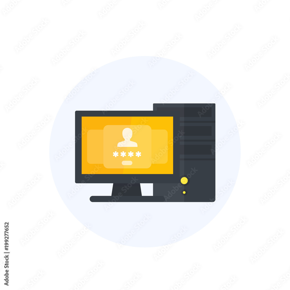 Poster computer with password access, authentication window, vector illustration