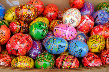 View of a lot of decorative eggs. Easter celebration.