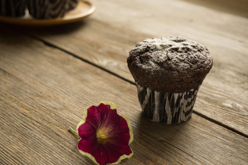 Chocolate cupcake with a flower on the rift table