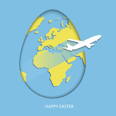 Easter egg with yellow world map. Planet Earth in form of egg on sky blue background with flying white air plane and greeting text Happy Easter. Vector illustration in paper-cut style