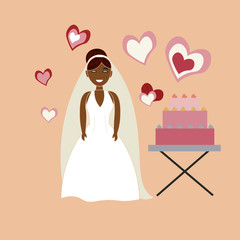 The bride in a white wedding dress with a wedding cake