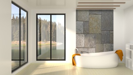 Scandinavian minimalist designed bathroom with panoramic windows, and freestanding tub, stonewall element. 3D rendering.