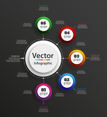 Infographic design template with circles on black background. Business concept with options. For content, diagram, flowchart,steps, parts,timeline infographics, layout,chart. Vector eps 10