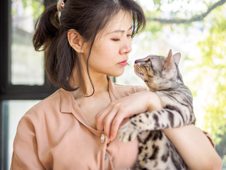 Portrait of a beautiful young Chinese girl hold a bengal cat in arms, looking each other, full of love, pet lover concept.