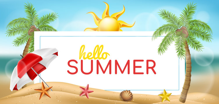 Horizontal banner summer frame with palm tree, sun umbrella, shells on sandy beach. Vector illustration for summer and holiday design