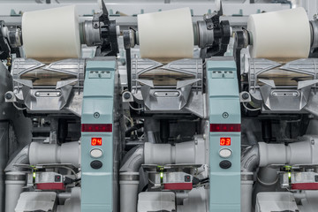 Machinery and equipment in the workshop for the production of thread, general view. interior of industrial textile factory