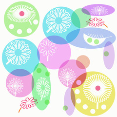 Pattern of transparent  floral motif, flowers, leaves, doodles.