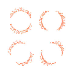 Vector set of hand drawn simple frames made with coffee beans isolated on white background. Ink drawing, stamp  seeds, painting. Perfect for labels, emblems, coffee packaging design.