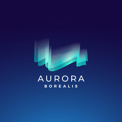 Aurora Borealis Abstract Vector Sign, Emblem or Logo Template. Premium Quality Northern Lights Symbol in Blue Colors with Modern Typography. On Dark Background - obrazy, fototapety, plakaty