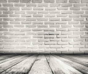 Abstract grunge texture background. empty room with brick wall and wood floor