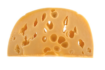 a slice of cheese with large holes on a white background