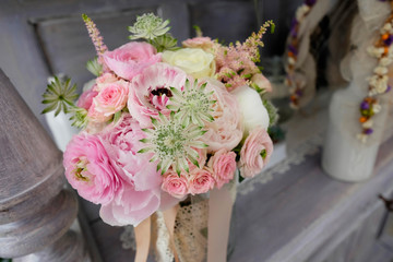 Roses bouquet for wedding event. Top view over a roses bridal bouquet for wedding event.