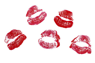 Red lip prints on the white background