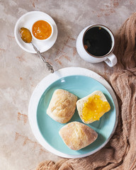 Delicious Breakfast with toastand jam. top view. English breakfast. Close up. Selective focus.