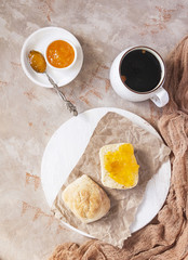 Delicious Breakfast with toastand jam. top view. English breakfast. Close up. Selective focus.