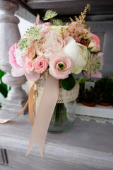 Beautiful wedding bouquet. Pink and white roses flowers bouquet for wedding event.