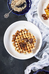 Bright and cozy Breakfast. Toast with butter and jam, pate. Family, happiness, joy, Easter holiday. top view. Close up. Vertical. Selective focus.