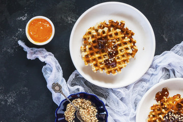 Ingredients for a tasty and healthy homemade Breakfast. Sweet home. top view. General plan.