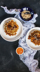 Bright and cozy Breakfast. Toast with butter and jam, pate. Family, happiness, joy, Easter holiday. top view. Close up. Vertical. Selective focus.