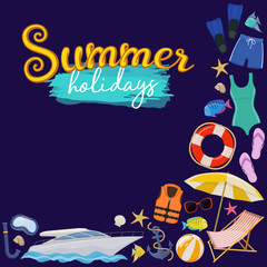 Set of beach summer holidays accessories, cartoon illustration. Vector