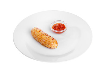 Sausage pork, chicken, meat on grill, barbecue, Without garnish on a plate, isolated on white background. Tomato, spicy, ketchup, red sauce. For the menu in the restaurant bar Side view