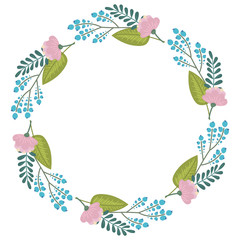 Wreath with tropical flowers and leaves doodle style, design for postcard and invitation. Vector