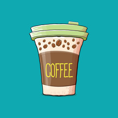 Coffee cup isolated on turquoise background . vector coffee paper color cup with hot coffee and color label