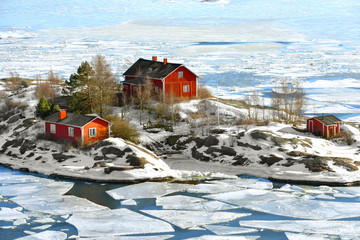 Life on islands. Ryssansaari Island in front of Helsinki, Finland. March