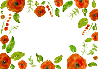 Painted watercolor composition with flowers and leaves. Frame of roses. Floral border. Can be used as invitation card for wedding, birthday, other holiday, summer background, poster, banner.