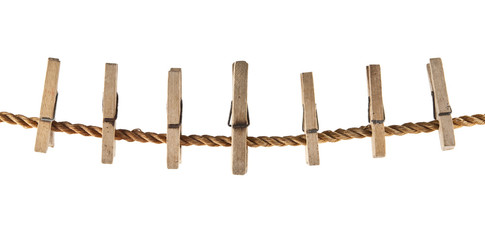 rope with wooden clothespins isolated on white background