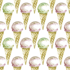 Seamless ice-cream pattern. Watercolor hand drawn summer print in unusual colors with ice lolly and Ice cream in a waffle cup. Childish baby background. Food print. Fabric, paper, cover, web. Gelato.