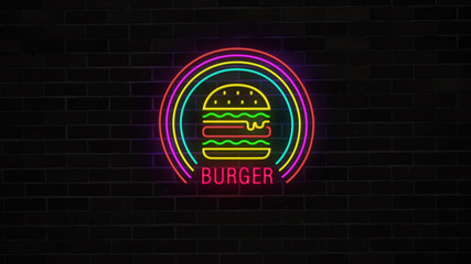 Neon Burger Sign turning on, glows and lights grunge on brick wall. Fast food and drinks sign.