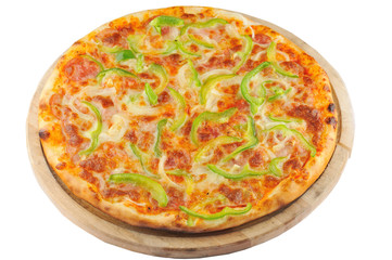 Big salami pizza. Delicious salami pizza on a wooden plate support isolated on the white background.