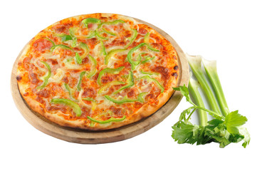 Salami pizza. Delicious salami pizza on a wooden plate support isolated on the white background.