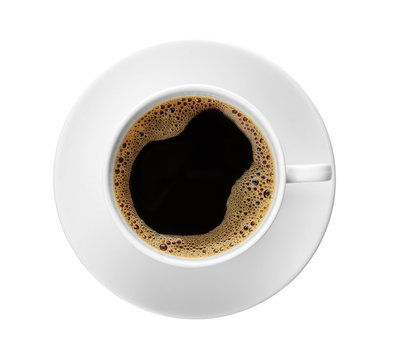 Cup with delicious hot coffee on white background
