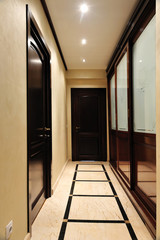 Long house hall corridor. Luxury residence hall with wardrobe and doors.