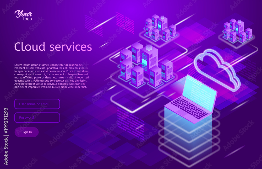 Poster isometric vector illustration showing the cloud computing services concept laptop and web servers.