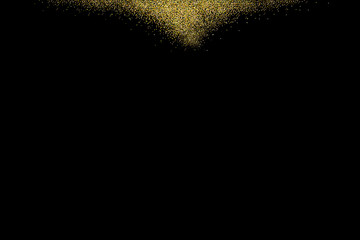 Fototapeta na wymiar Gold glitter texture isolated on black. Rain of grainy particles. Celebratory background. Golden confetti explosion, illustration