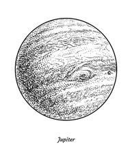 Planet Jupiter illustration, drawing, engraving, ink, line art, vector © jenesesimre