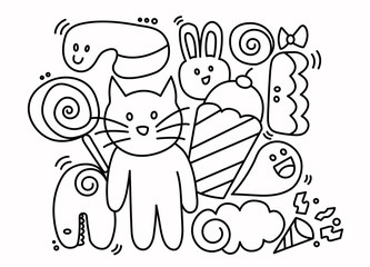 Doodle art vector of funny monsters.kid educational game page.Beautiful wallpaper of animal.Black and white outline vector of a cute animals.
