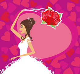 bride throws her wedding bouquet, card