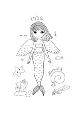 Cute cartoon little mermaid. Siren. Sea theme.
