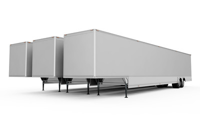 Blank white parked semi trailer, isolated on white background 3d render - obrazy, fototapety, plakaty