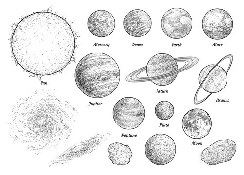 Solar system illustration, drawing, engraving, ink, line art, vector