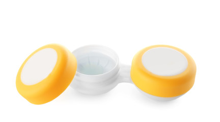Container with contact lenses on white background