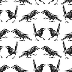 Seamless background of the sketches of crows and magpies