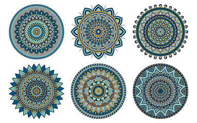 Set of 6 mandalas painted in the same palette, vector illustration