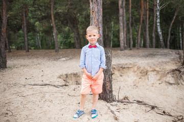 Portrait of cute funny little caucasian boy outdoors. Positive smiling handsome blonde boy wearing blue shirt, neck red bow tie and shorts looks at camera. Horizontal color photography.