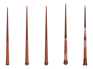 Magic wands set. Wizard tool. Wooden stick collection. Isolated on white background. Vector illustration