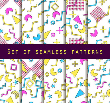 Memphis seamless pattern set. Geometric elements memphis in the style of 80's. Vector illustration